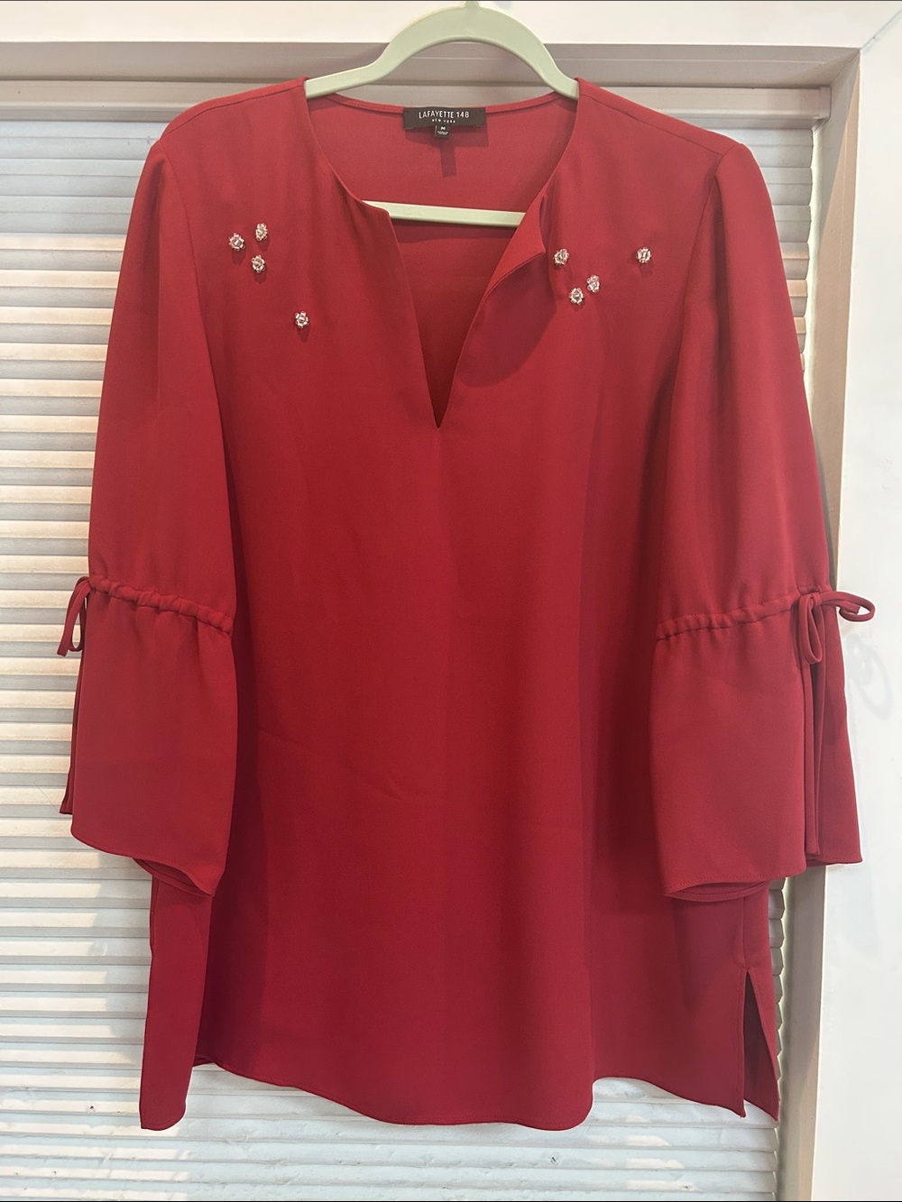 Lafayette 148 New York Crimson Sela Blouse | Split-Neck Bell Sleeve